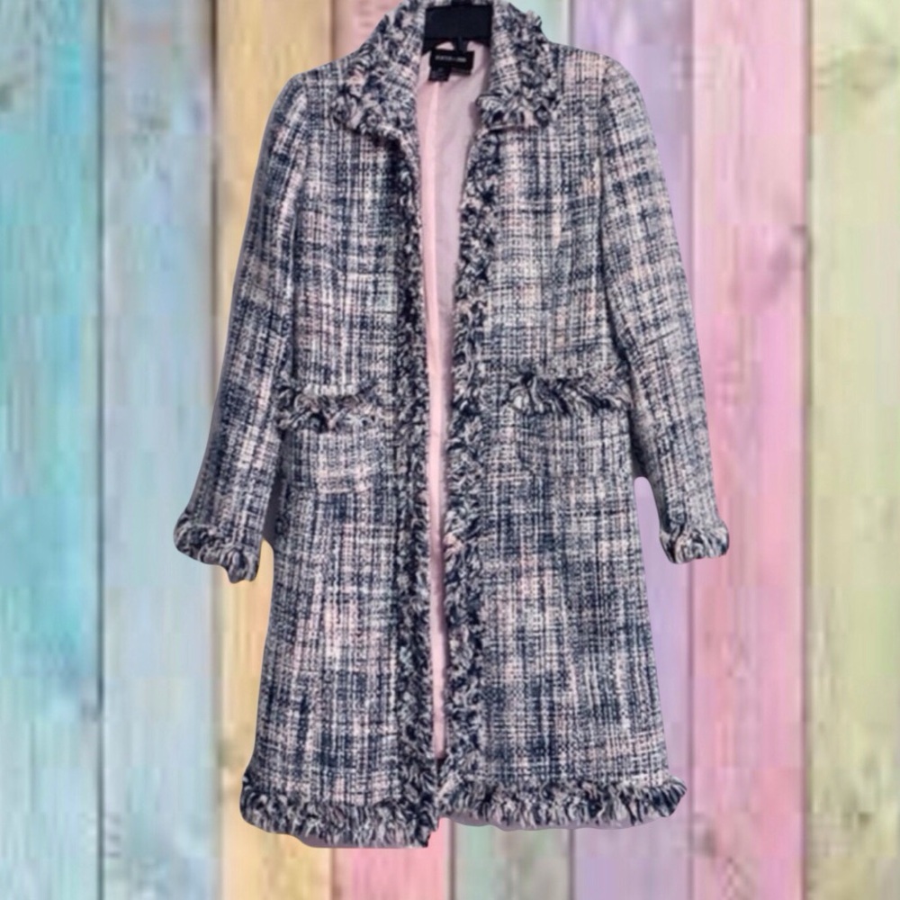 Focus 2000 Blue Pink Tweed Frayed Hem Trench Coat - Picture 1 of 11